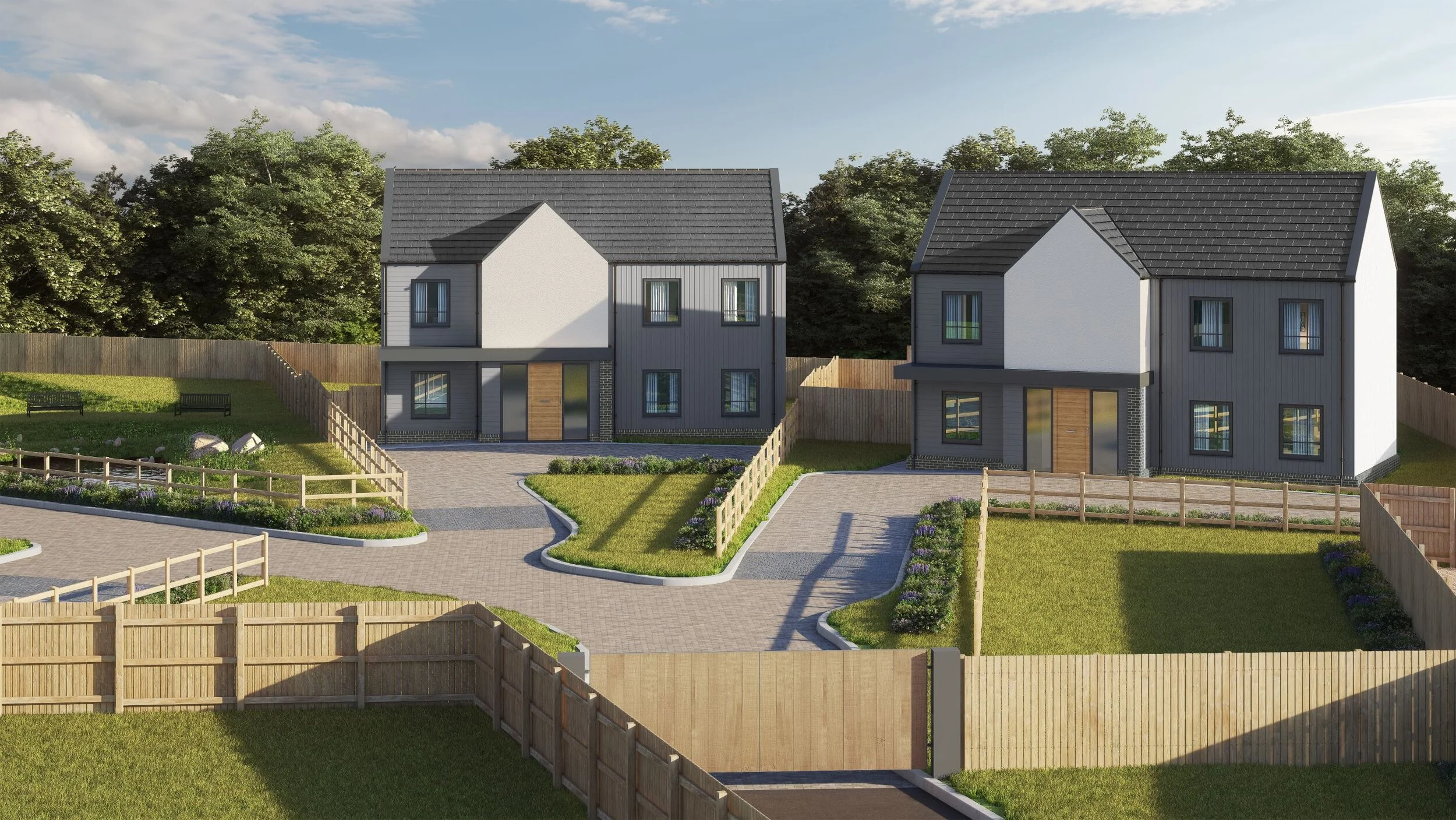 Street view of the gated development of new homes at Four Oaks